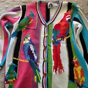 Storybook Knits Handknit Parrot Cardigan Sweater Size L Like New